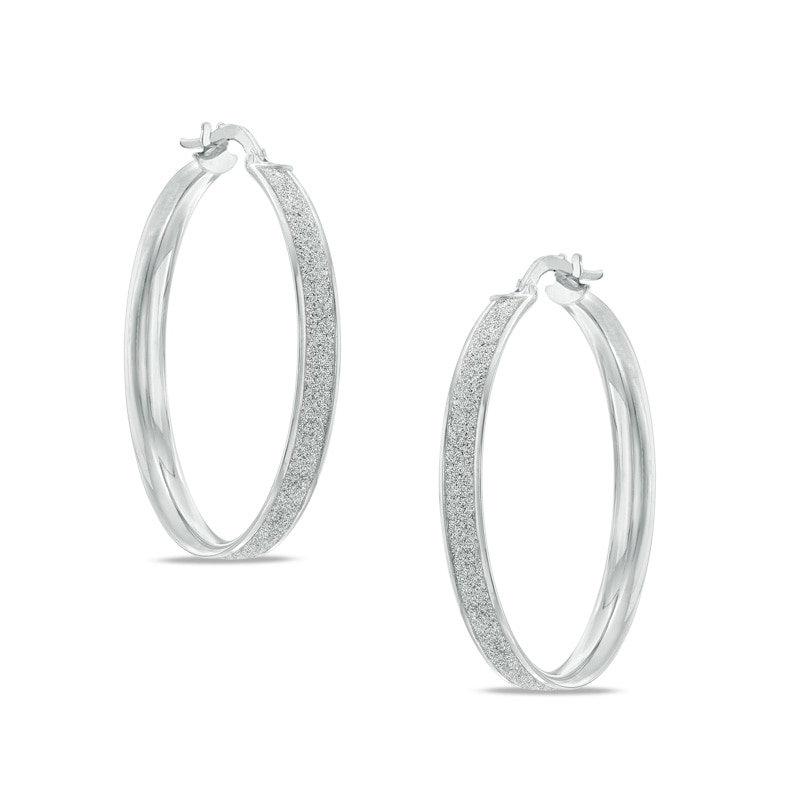 Main Image 1 of Glitter Hoop Earrings in 10K White Gold