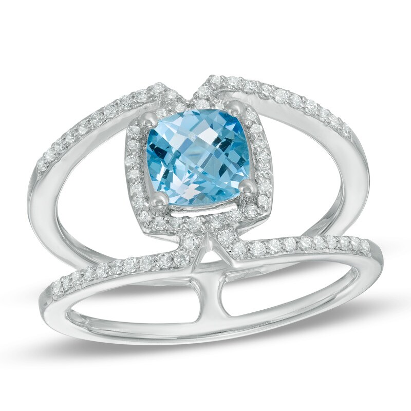 Main Image 1 of 6.0mm Cushion-Cut Blue Topaz and Lab-Created White Sapphire Frame Ring in Sterling Silver