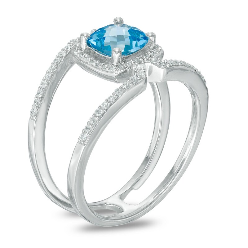 Main Image 2 of 6.0mm Cushion-Cut Blue Topaz and Lab-Created White Sapphire Frame Ring in Sterling Silver