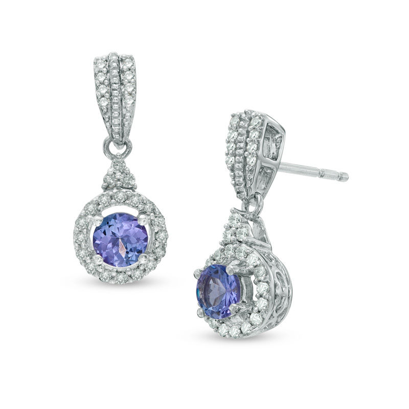 Main Image 1 of 4.0mm Tanzanite and 1/4 CT. T.W. Diamond Frame Vintage-Style Drop Earrings in 10K White Gold