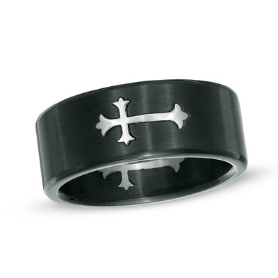 Stainless Steel Mens 8 MM Black Cross Crucifix Wedding Band Ring Size 9-13 