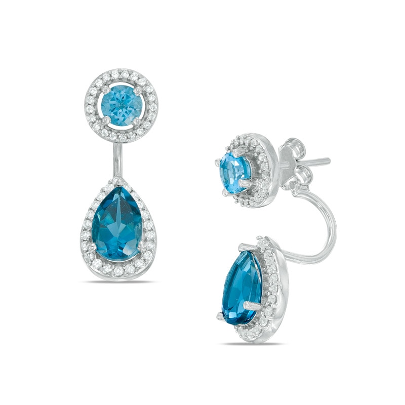 Main Image 1 of Pear-Shaped London and Swiss Blue Topaz with Lab-Created White Sapphire Frame Curved Drop Earrings in Sterling Silver
