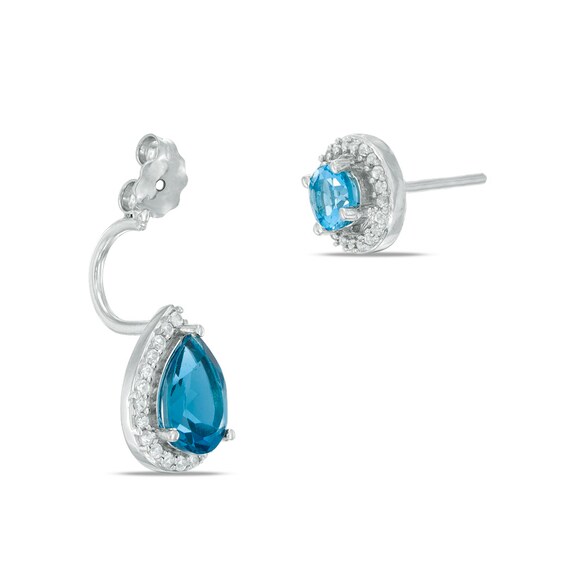 Pear-Shaped London and Swiss Blue Topaz with Lab-Created White Sapphire Frame Curved Drop Earrings in Sterling Silver