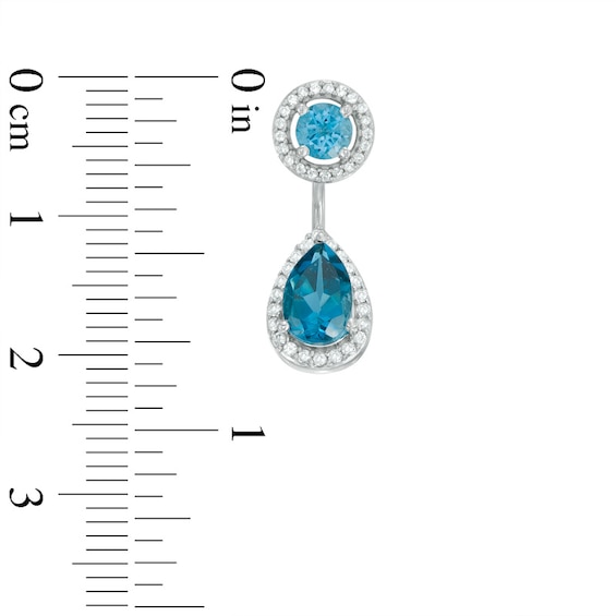 Pear-Shaped London and Swiss Blue Topaz with Lab-Created White Sapphire Frame Curved Drop Earrings in Sterling Silver