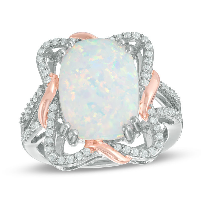 Main Image 1 of Cushion-Cut Lab-Created Opal and White Sapphire Frame Ring in Sterling Silver and 14K Rose Gold Plate