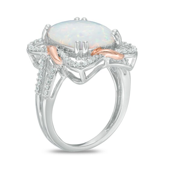 Cushion-Cut Lab-Created Opal and White Sapphire Frame Ring in Sterling Silver and 14K Rose Gold Plate