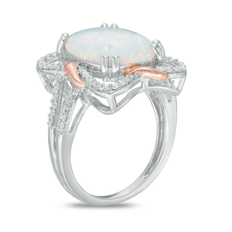 Main Image 2 of Cushion-Cut Lab-Created Opal and White Sapphire Frame Ring in Sterling Silver and 14K Rose Gold Plate