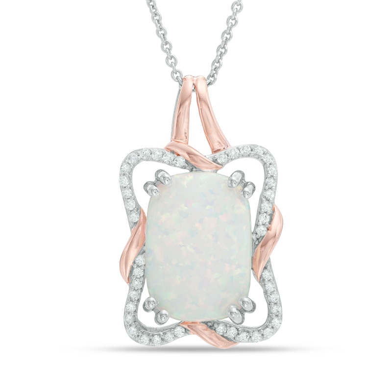 Main Image 1 of Cushion-Cut Lab-Created Opal and White Sapphire Twist Frame Pendant in Sterling Silver and 14K Rose Gold Plate