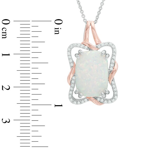 Cushion-Cut Lab-Created Opal and White Sapphire Twist Frame Pendant in Sterling Silver and 14K Rose Gold Plate