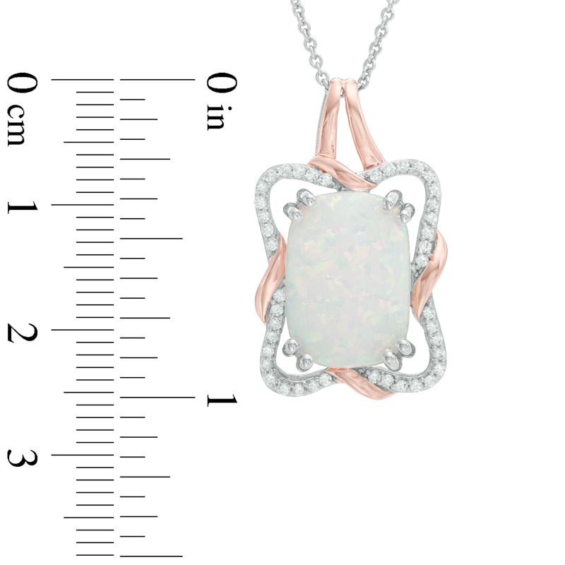 Main Image 2 of Cushion-Cut Lab-Created Opal and White Sapphire Twist Frame Pendant in Sterling Silver and 14K Rose Gold Plate