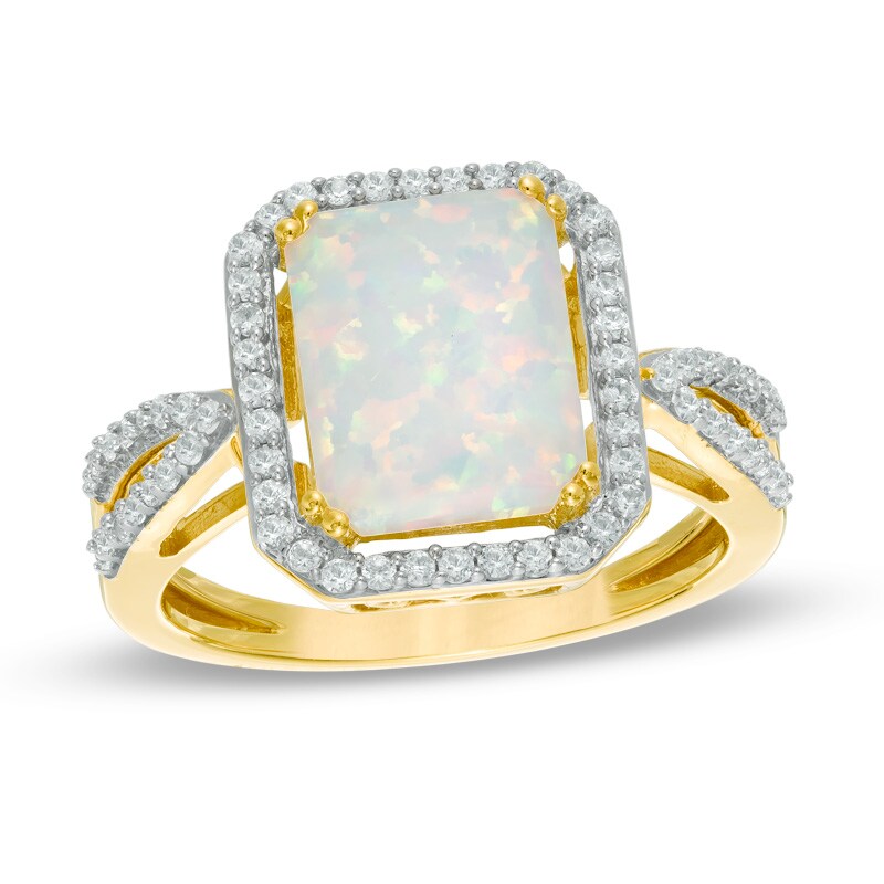 Main Image 1 of Octagon Lab-Created Opal and White Sapphire Frame Ring in 10K Gold