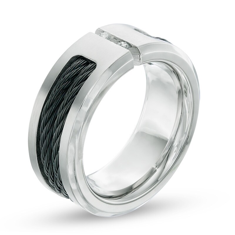 Main Image 2 of Men's Diamond Accent Cable Inlay Wedding Band in Two-Tone Titanium