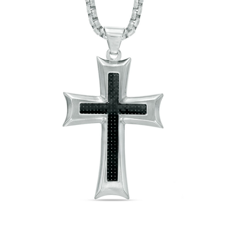 Main Image 1 of Men's Carbon Fiber Stacked Cross Pendant in Stainless Steel - 24"
