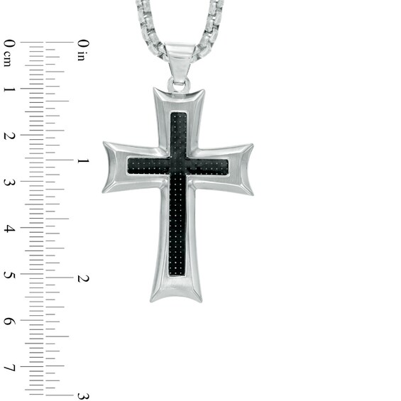 Men's Carbon Fiber Stacked Cross Pendant in Stainless Steel - 24"