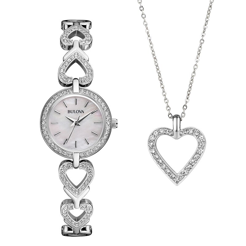 Main Image 1 of Ladies' Bulova Crystal Accent Heart Watch with Mother-of-Pearl Dial and Heart Pendant Box Set (Model: 96X136)