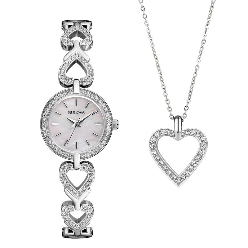 Ladies' Bulova Crystal Accent Heart Watch with Mother-of-Pearl Dial and Heart Pendant Box Set (Model: 96X136)