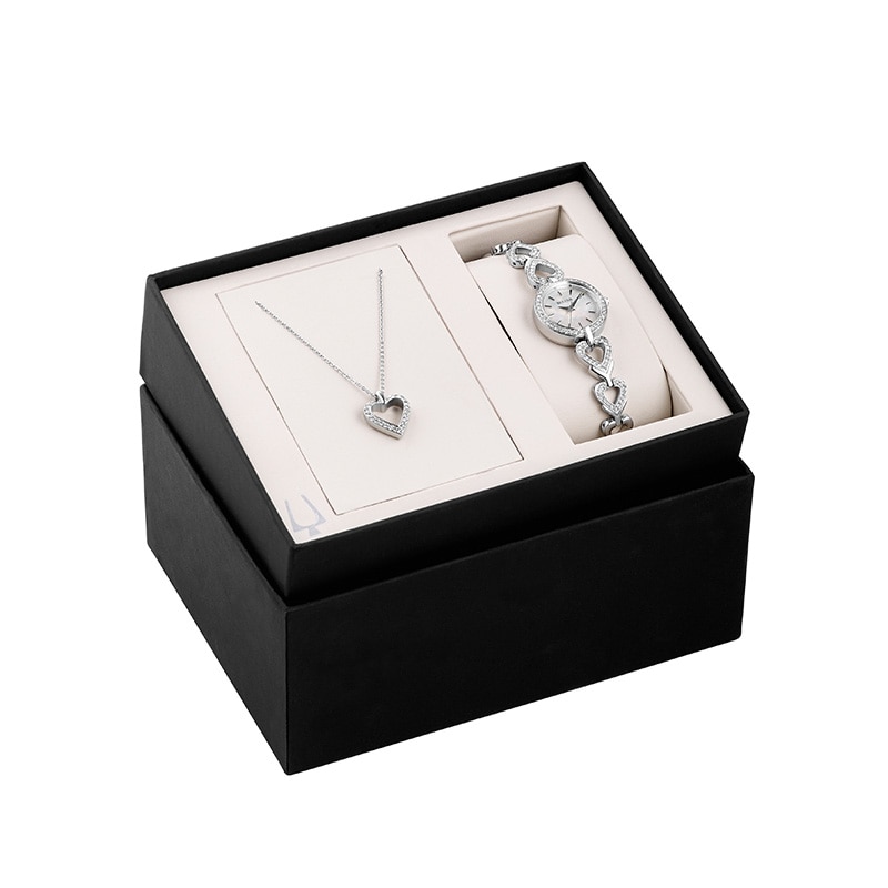 Ladies' Bulova Crystal Accent Heart Watch with Mother-of-Pearl Dial and Heart Pendant Box Set (Model: 96X136)