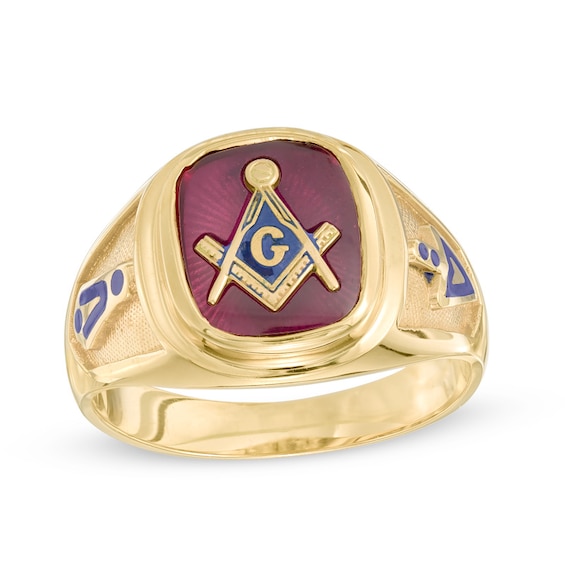 Cushion-Cut Red Spinel and Enamel Comfort Fit Masonic Ring in 10K Gold