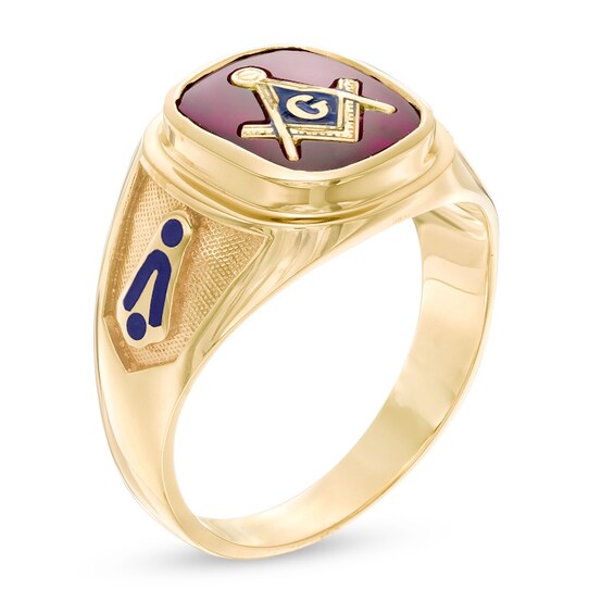 Cushion-Cut Red Spinel and Enamel Comfort Fit Masonic Ring in 10K Gold