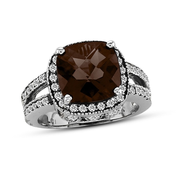 9.0mm Cushion-Shaped Smoky Quartz and 1/2 CT. T.w. Diamond Frame Split Shank Ring in 14K White Gold