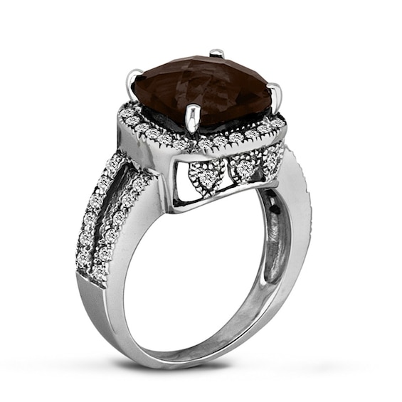 9.0mm Cushion-Shaped Smoky Quartz and 1/2 CT. T.w. Diamond Frame Split Shank Ring in 14K White Gold