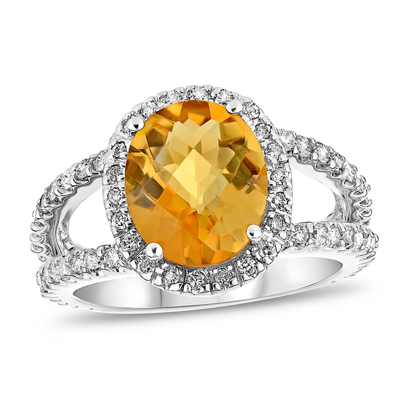 Oval Citrine and 7/8 CT. T.W. Diamond Frame Split Shank Ring in 14K White Gold