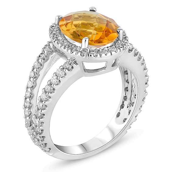 Oval Citrine and 7/8 CT. T.w. Diamond Frame Split Shank Ring in 14K White Gold