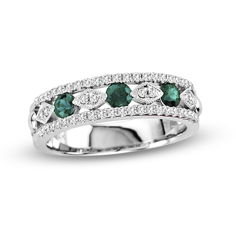 Emerald and 1/3 CT. T.W. Diamond Alternating Band in 14K White Gold