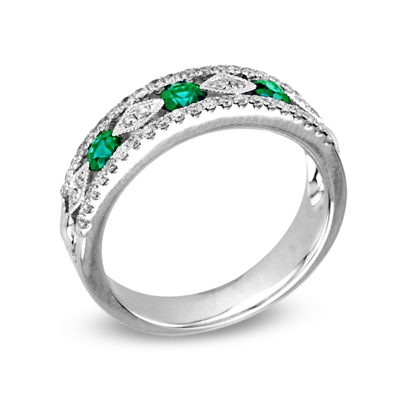 Emerald and 1/3 CT. T.W. Diamond Alternating Band in 14K White Gold