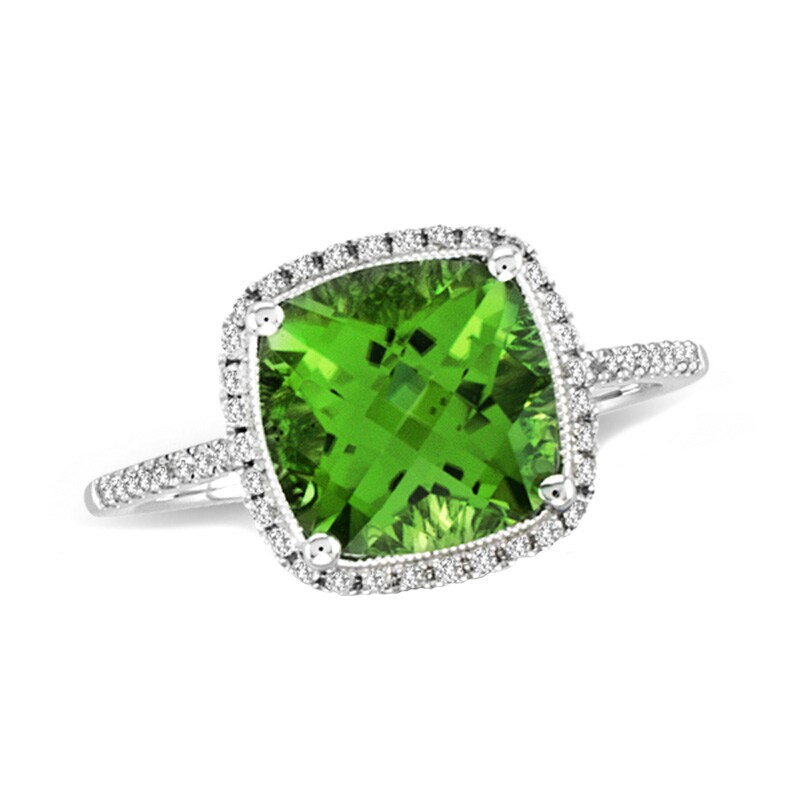 Main Image 1 of 9.0mm Cushion-Shaped Peridot and 1/4 CT. T.W. Diamond Frame Ring in 14K White Gold