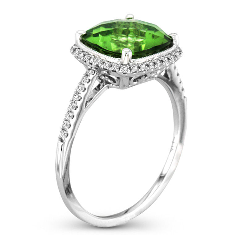 Main Image 2 of 9.0mm Cushion-Shaped Peridot and 1/4 CT. T.W. Diamond Frame Ring in 14K White Gold