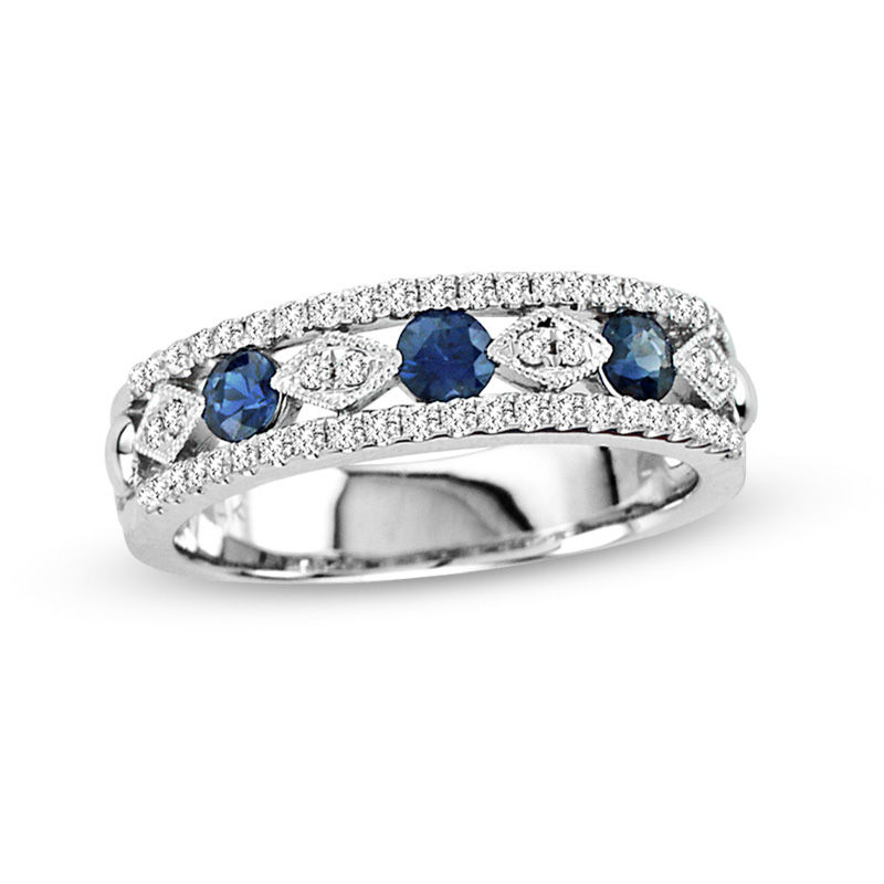 14K White Gold Blue Sapphire and Diamond Ring