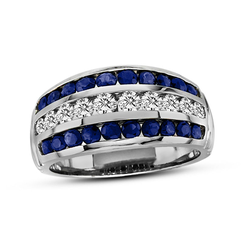Blue Sapphire and 1/2 CT. T.W. Diamond Three Row Anniversary Band in