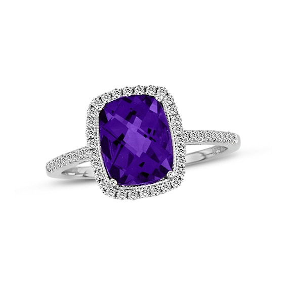 Cushion-Cut Amethyst and 1/5 CT. T.W. Diamond Frame Ring in 14K White ...