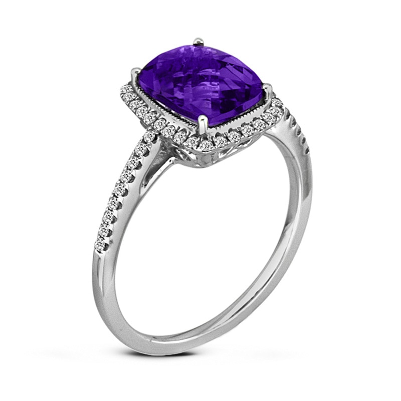 Main Image 2 of Cushion-Shaped Amethyst and 1/5 CT. T.W. Diamond Frame Ring in 14K White Gold