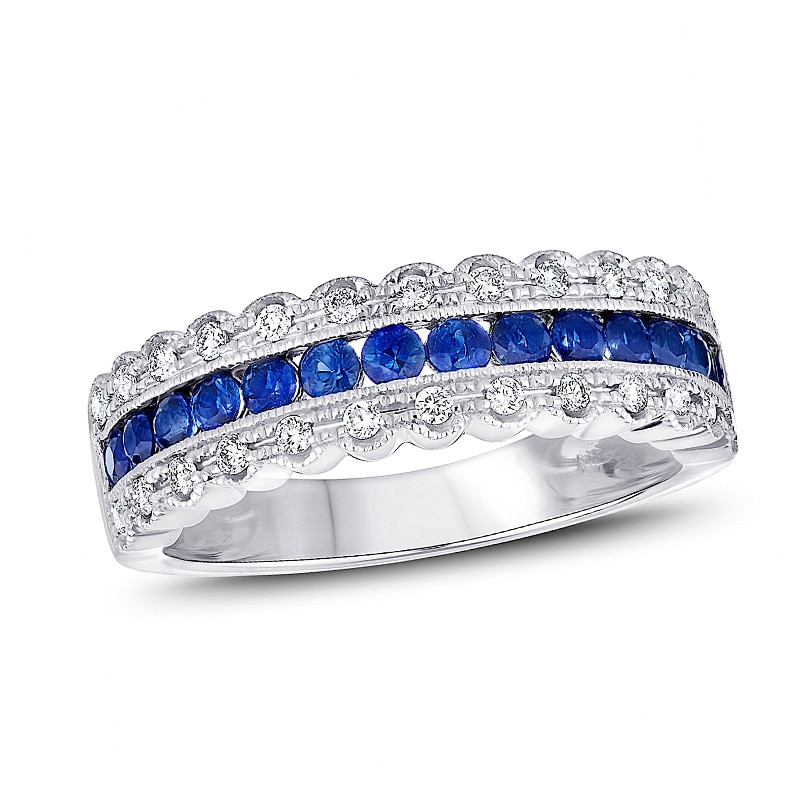 Blue Sapphire and 1/4 CT. T.W. Diamond Vintage-Style Band in 14K White ...