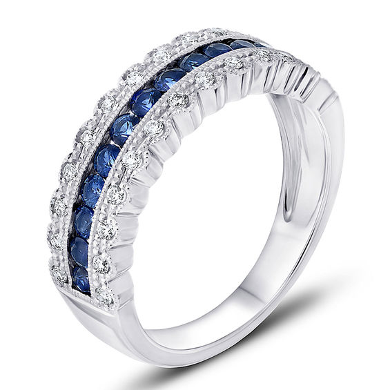 Blue Sapphire and 1/4 CT. T.W. Diamond Vintage-Style Anniversary Band ...