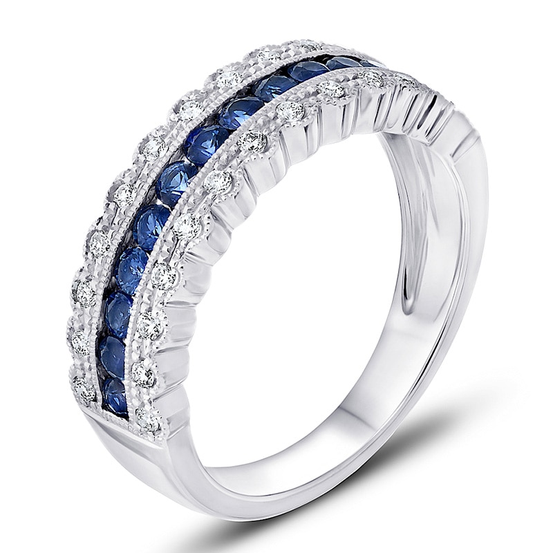 Blue Sapphire and 1/4 CT. T.W. Diamond Vintage-Style Band in 14K White Gold