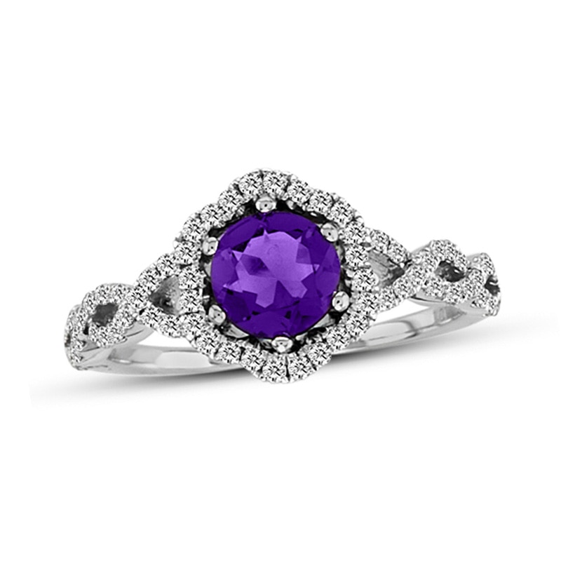 6.0mm Amethyst and 1/3 CT. T.W. Diamond Twist Frame Ring in 14K White Gold