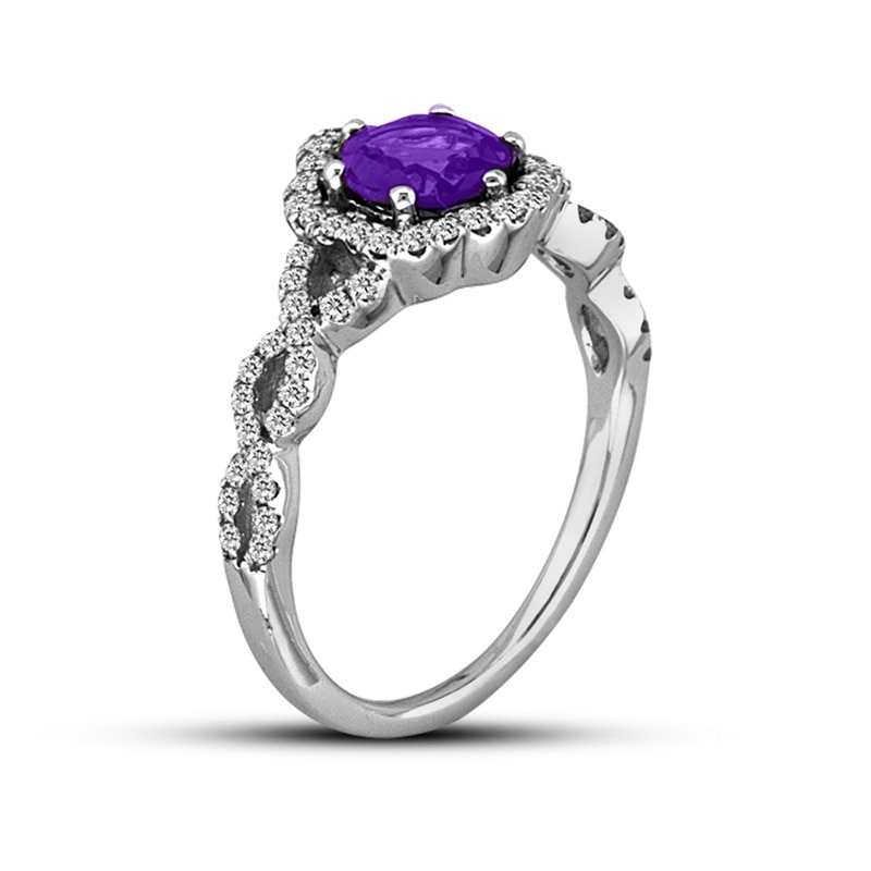 6.0mm Amethyst and 1/3 CT. T.W. Diamond Twist Frame Ring in 14K White Gold