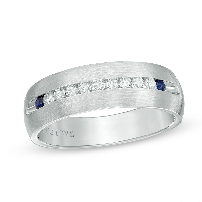 Vera Wang Love Collection Men's 1/4 CT. T.W. Diamond and Blue Sapphire Wedding Band in 14K White Gold