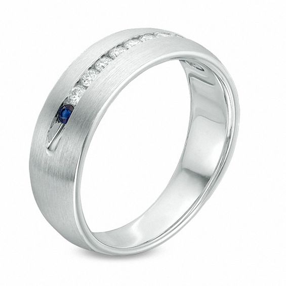 Vera Wang Men's 1/4 CT. T.w. Diamond and Blue Sapphire Wedding Band in 14K White Gold