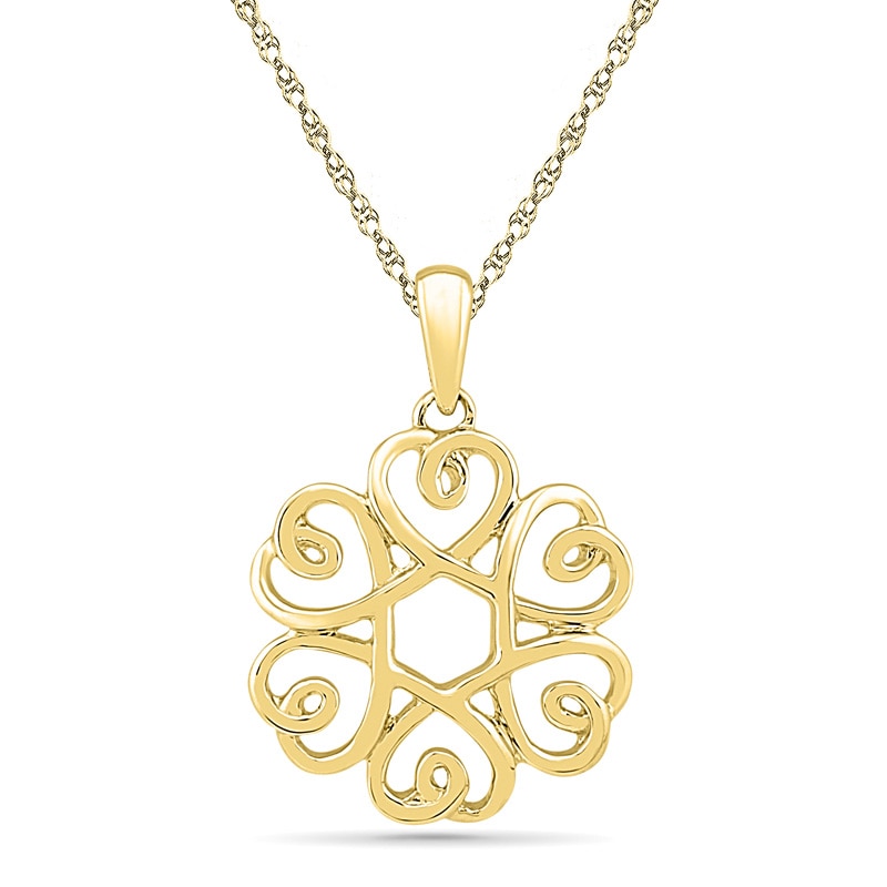 Main Image 1 of Scrolling Heart Circle Pendant in 10K Gold