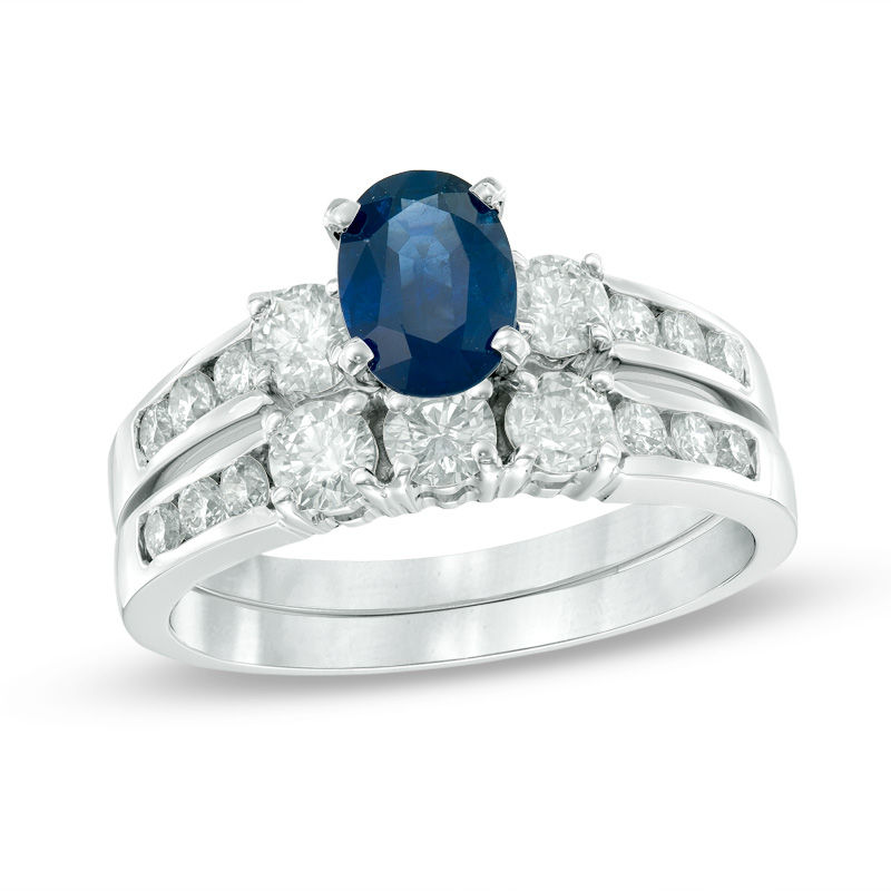 Main Image 1 of Oval Blue Sapphire and 7/8 CT. T.W. Diamond Three Stone Bridal Set in 14K White Gold