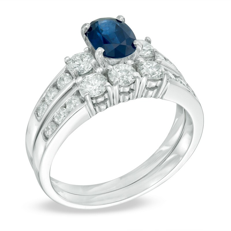 Main Image 2 of Oval Blue Sapphire and 7/8 CT. T.W. Diamond Three Stone Bridal Set in 14K White Gold