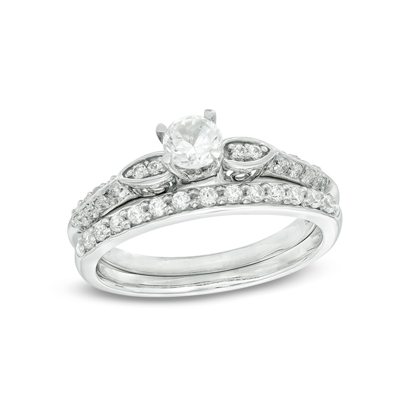 Main Image 1 of 4.0mm Lab-Created White Sapphire and 1/5 CT. T.W. Diamond Bridal Set in 10K White Gold