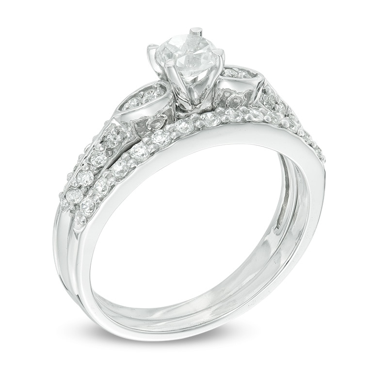 Main Image 2 of 4.0mm Lab-Created White Sapphire and 1/5 CT. T.W. Diamond Bridal Set in 10K White Gold
