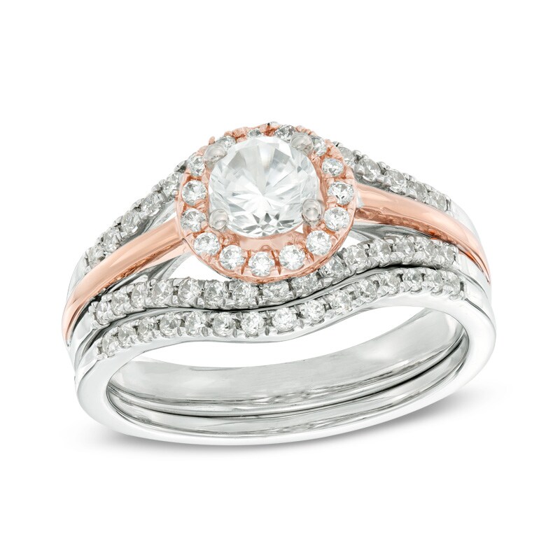 Lab-Created White Sapphire and 1/4 CT. T.W. Diamond Frame Bridal Set in Sterling Silver and 10K Rose Gold