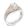 Thumbnail Image 1 of Lab-Created White Sapphire and 1/4 CT. T.W. Diamond Frame Bridal Set in Sterling Silver and 10K Rose Gold