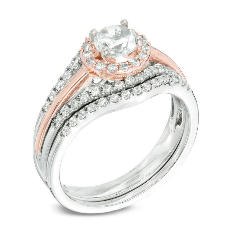 Lab-Created White Sapphire and 1/4 CT. T.W. Diamond Frame Bridal Set in Sterling Silver and 10K Rose Gold